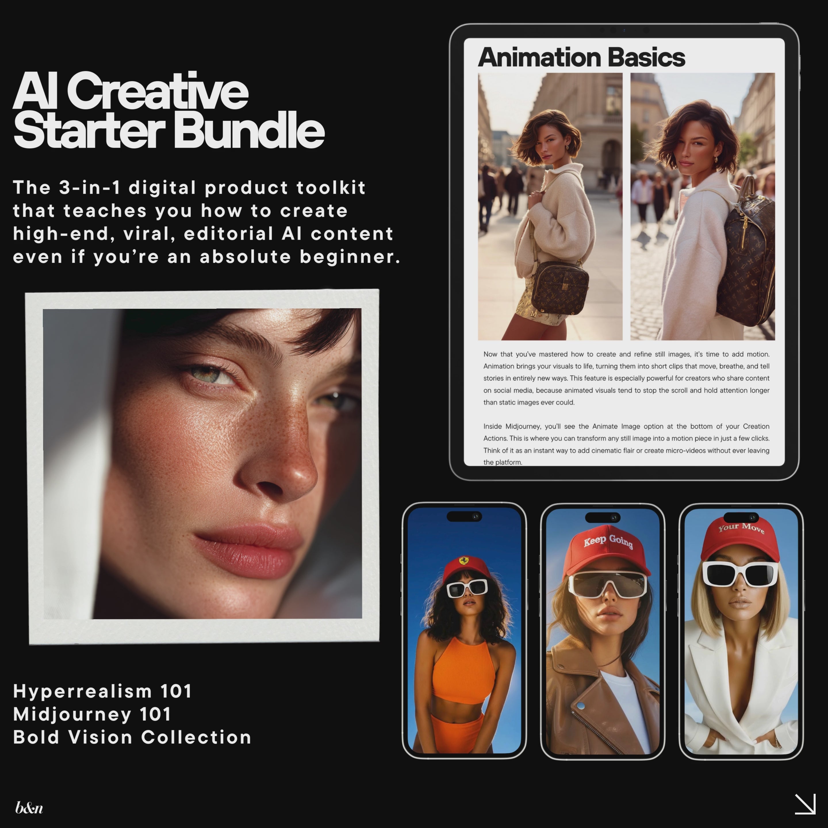 AI Creative Starter Bundle | Hyperrealism 101 + Midjourney 101 + Bold Vision Image Library + Motion Made Easy (Bonus)